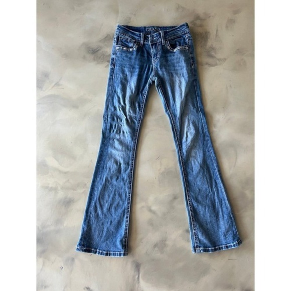 Grace in LA Blue Denim Bootcut Jeans Rhinestone Pocket Distressed 14